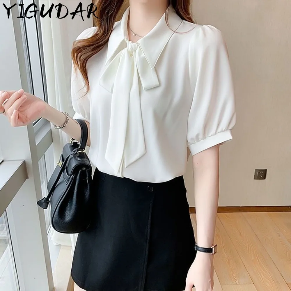 

Summer Women Vintage Solid Fashion Korean White Blouses Elegant Casual Bow Chiffon Shirts Female Short Sleeve Workwear Tops New