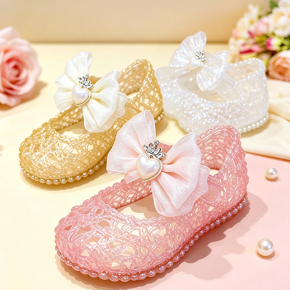Toddler Little Girls Princess Jelly Mary Jane Shoes Hollow Out Lace Upper Pearl Beaded Summer Elegant Little Kids Flats Sandals