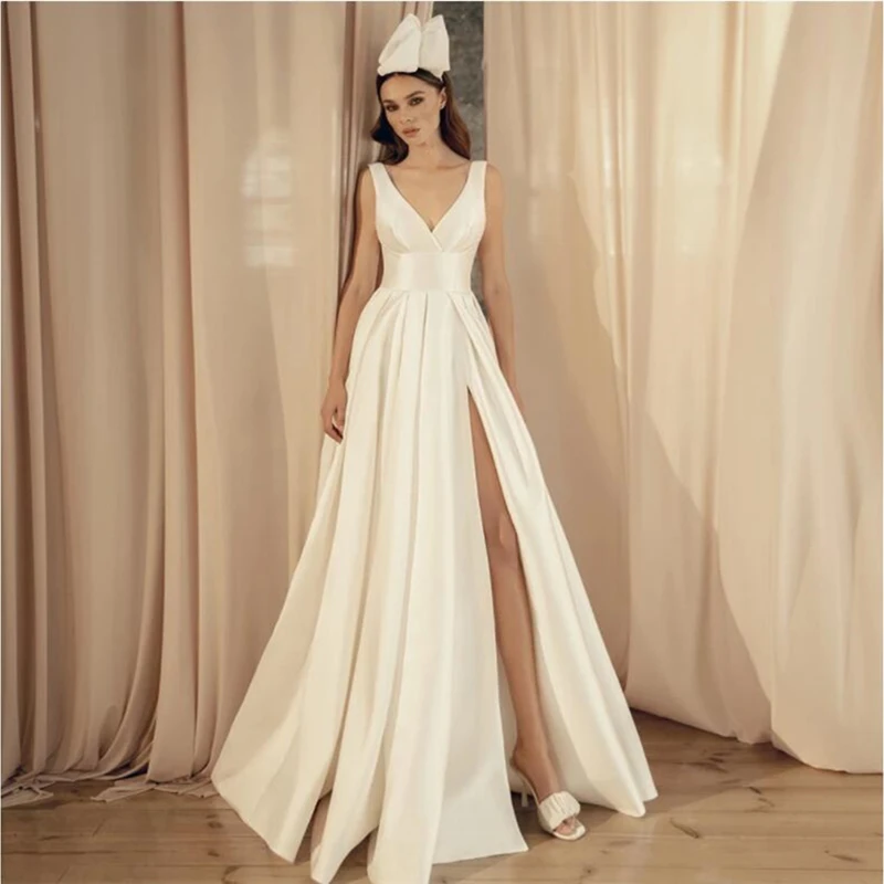 

Ivory Satin Wedding Dresses High Elegant V-Neck Sexy Side Split A-Line Bride Gowns свадебное платье robe de mariée vestidos 2022