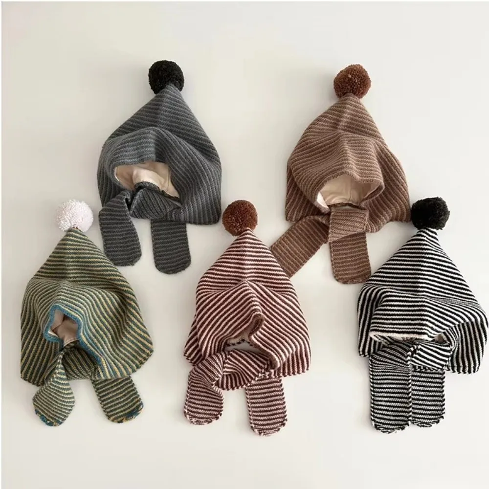 

Корейская полосатая детская шапка-балаклава, зимний вязаный шарф с капюшоном, защита ушей, теплая шапка-бомбер, детские шапочки для мальчиков и девочек