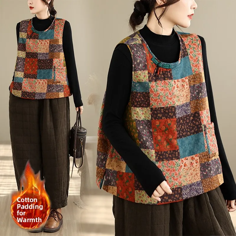 Women's Loose Cotton Linen Vest Mommy Style Outerwear Warmth Autumn Winter Fashion Retro Chinese New Style Sleeveless Coat
