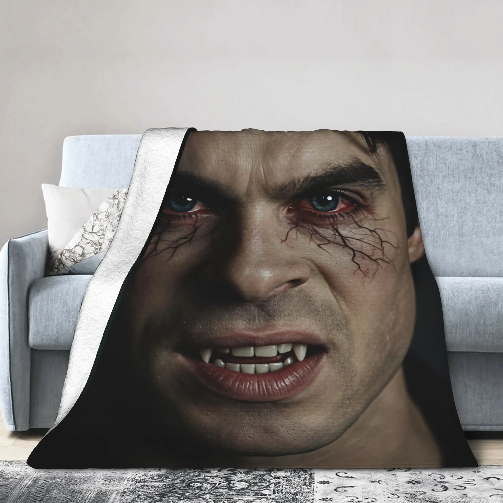 Damon Salvatore Vampire Rage Face Soft Blanket  Funny Travel Car Throw Blanket Outdoor Flannel Bedspread Sofa Bed Cover