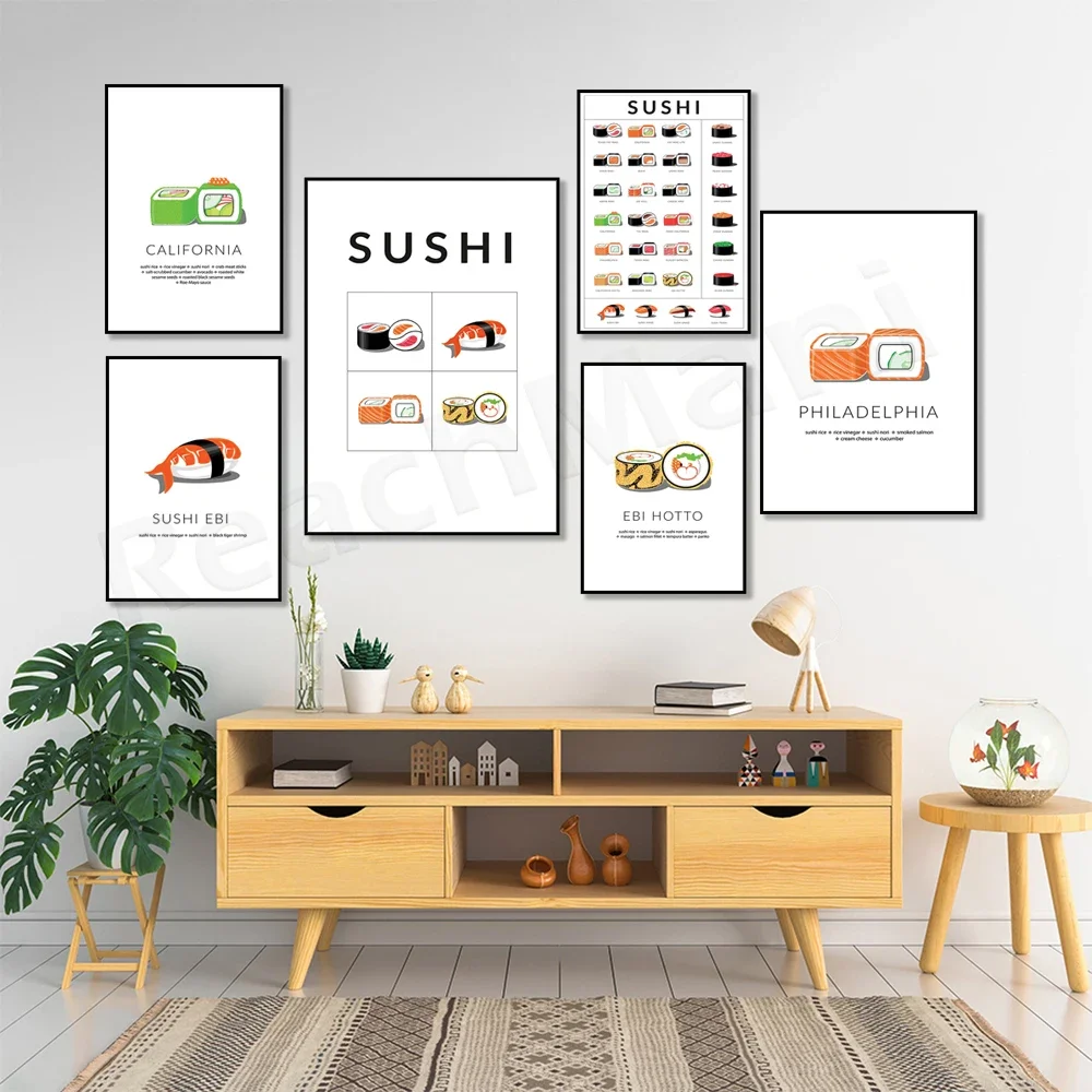 Sushi Poster, Sushi Variation, Sushi Illustration, Sushi California Kitchen Art Canvas Painting Living Room Decor Sushi Gifts