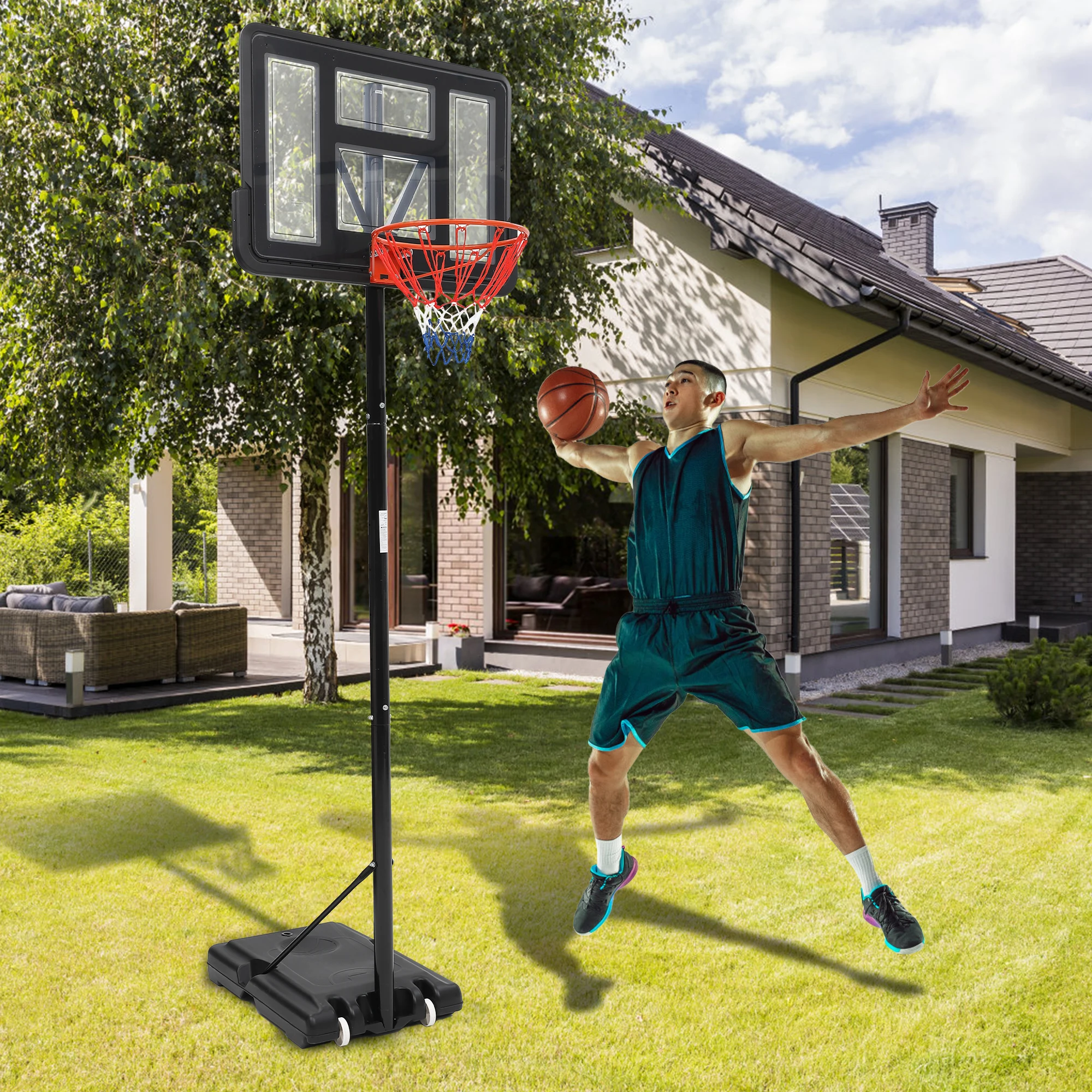 Höhenverstellbares, tragbares Basketballkorb-System, Regulierungs-konformer Korb mit bruchsicherem Rückwand, stabile Outdoor-Basis für Einfahrten, Hinterhöfe und Pools, geeignet für Kinder und