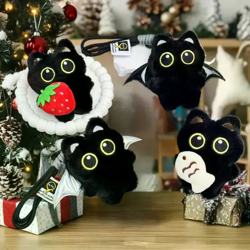 

1Pcs Silver Wing Black Cat Plush Doll Keychain Camera Bag Charm Renovation Accessory Gift