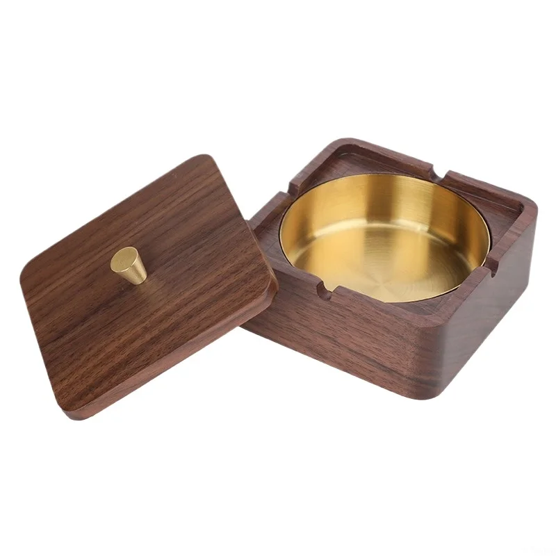 Black Walnut Solid Wood Ashtray, Chinese Style Household Living Room, Dust-proof with Lid, Creative Ornament for Office