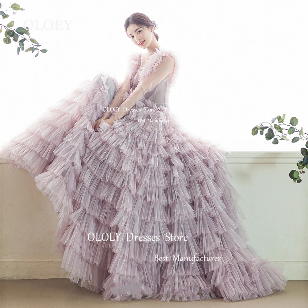 

OLOEY Lavender Color Wedding Dress Korea Photoshoot Tiered Soft Organza Scoop Neck Long Sleeves A Line Bridal Gown Performance