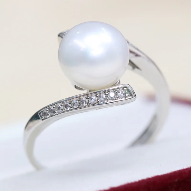 Freshwater Cultured Pearl Perfect Round Slightly Flawed Pearlescent Good Temperament Female fashion All-Match Finger Ring R