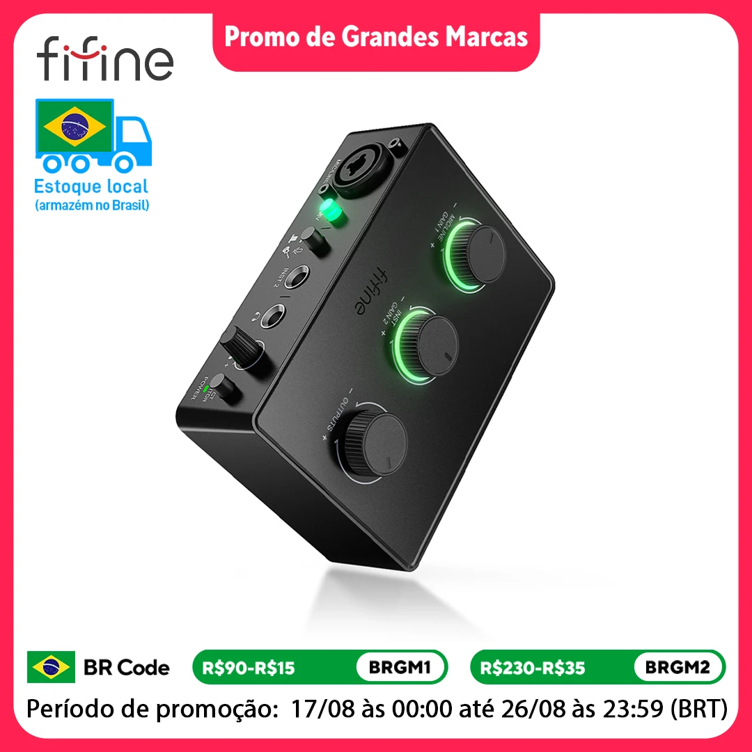 Mixer de áudio FIFINE SC1 com controle de ganho e alimentação fantasma de 48 V, microfone XLR e entrada de instrumento, ideal para podcasting/gravação - Ampli1