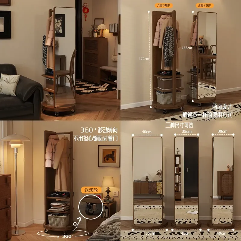 For Medieval Full Length Mirror Floor Standing Rotatable Mobile Dressing Mirror with Hanger Bedroom Home Decor Vintage Style