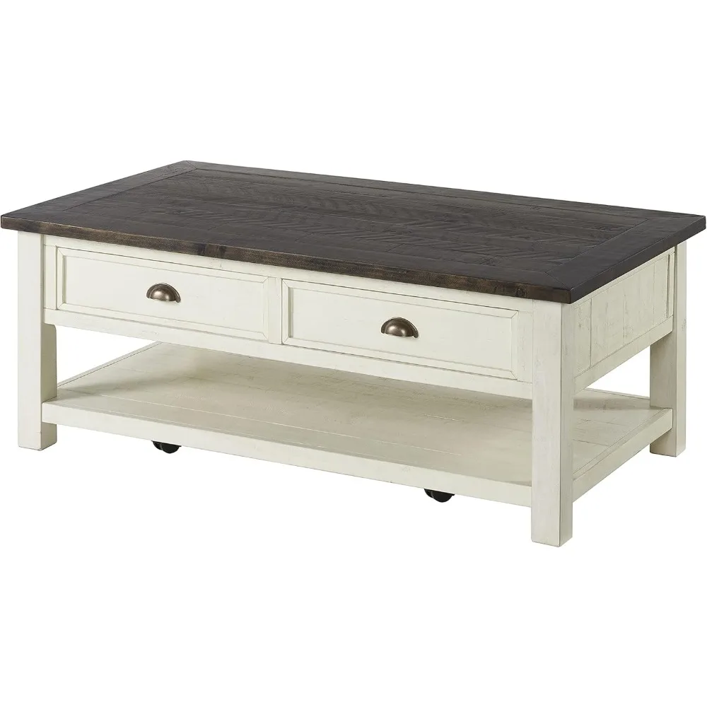 Solid Wood Coffee Table, Cream White with Brown Top