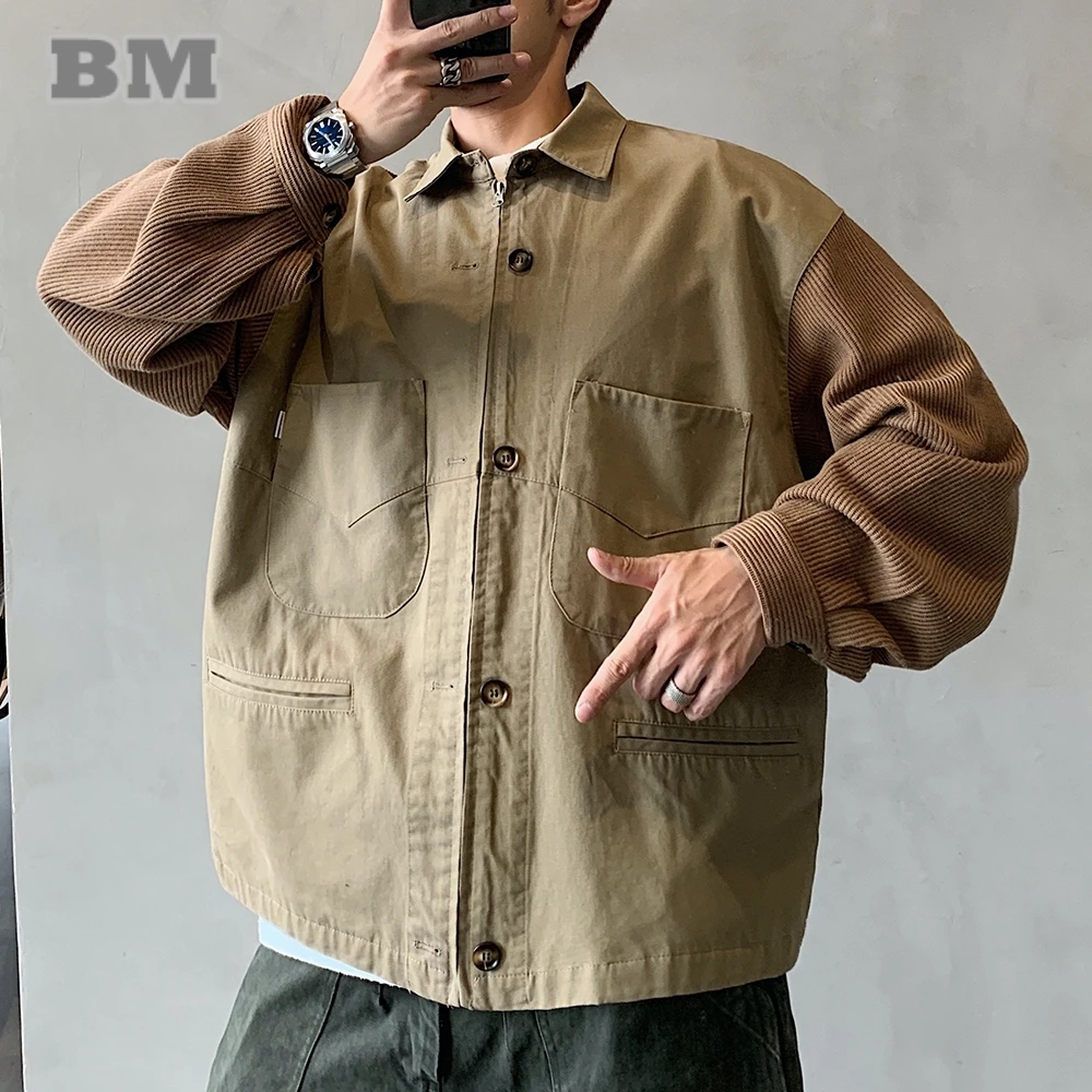 

‌Korean Retro Workwear Jacket Men Spring Autumn Streetwear Patchwork Collar Loose Fit Casual Trendy Outwear Coat Long Sleeve