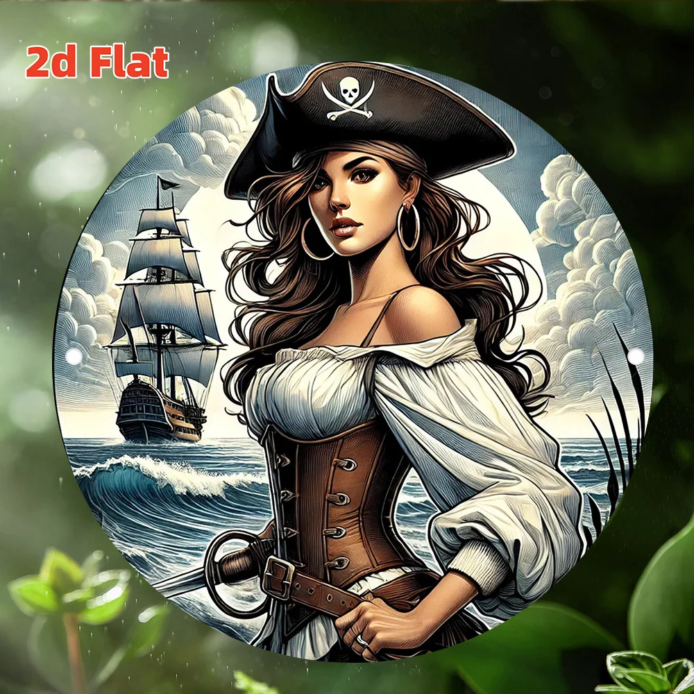 2D Flat, 2D Flat printing 1pc Metal iron sign, Vintage Round Metal Tin Sign - Pirate Girl & Ship Nautical Wall Art, Design with
