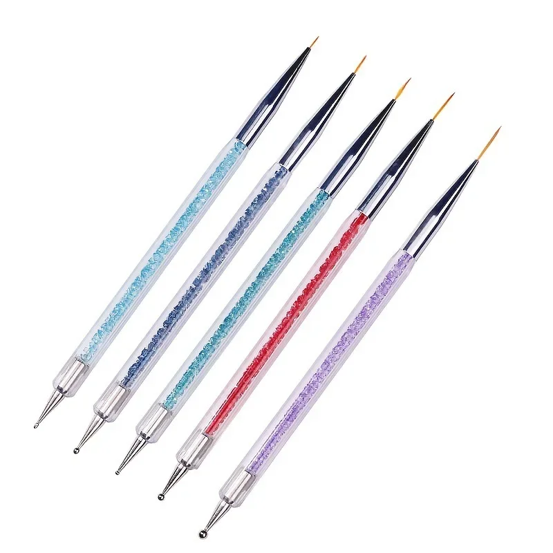 5 Stks/set 2 In 1 Dual-Ended Nail Art Liner Borstels Met Kristallen Handvat Professionele UV-Gel Punttekening Tekening Pen Diy Tools