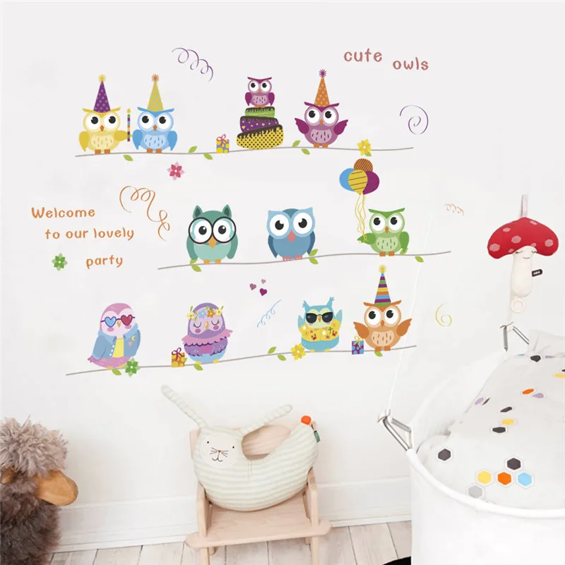 Cute Owls Party Wall Stickers For Kids Bedroom Bedroom Decoration Cartoon Safari Owlet Mural Art Diy Birds Home Decal Poster