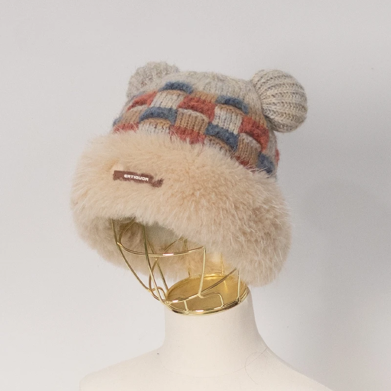 قبعة صوفية لطيفة على شكل آذان الدب للسيدات للخريف والشتاء النسخة الكورية من قبعة محبوكة حرارية دافئة منقوشة حلوة جديدة