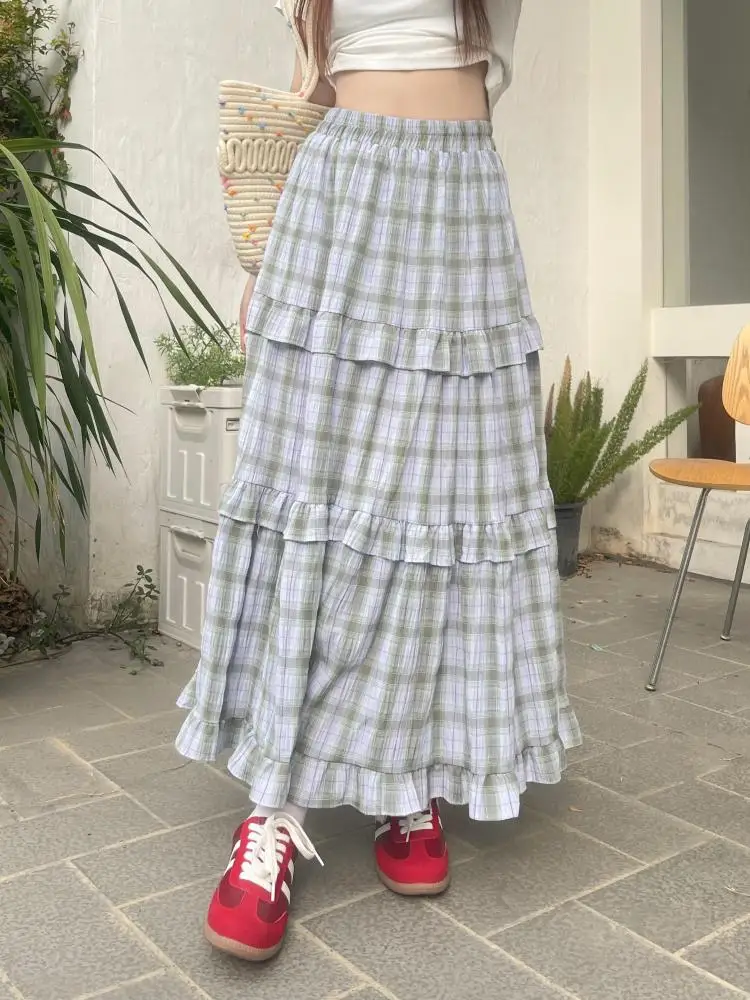 

Vintage Women Green Plaid Pleated Long Skirt Women Spring Summer Holiday High Waist Sexy Club Ruffle Edge Cake Skirt Y2k Fashion