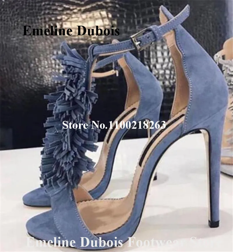 

Suede Tassels Gladiator Sandals Emeline Dubois Open Toe T-straps Fringes Stiletto Heel Shoes Blue Brown Dress High Heels