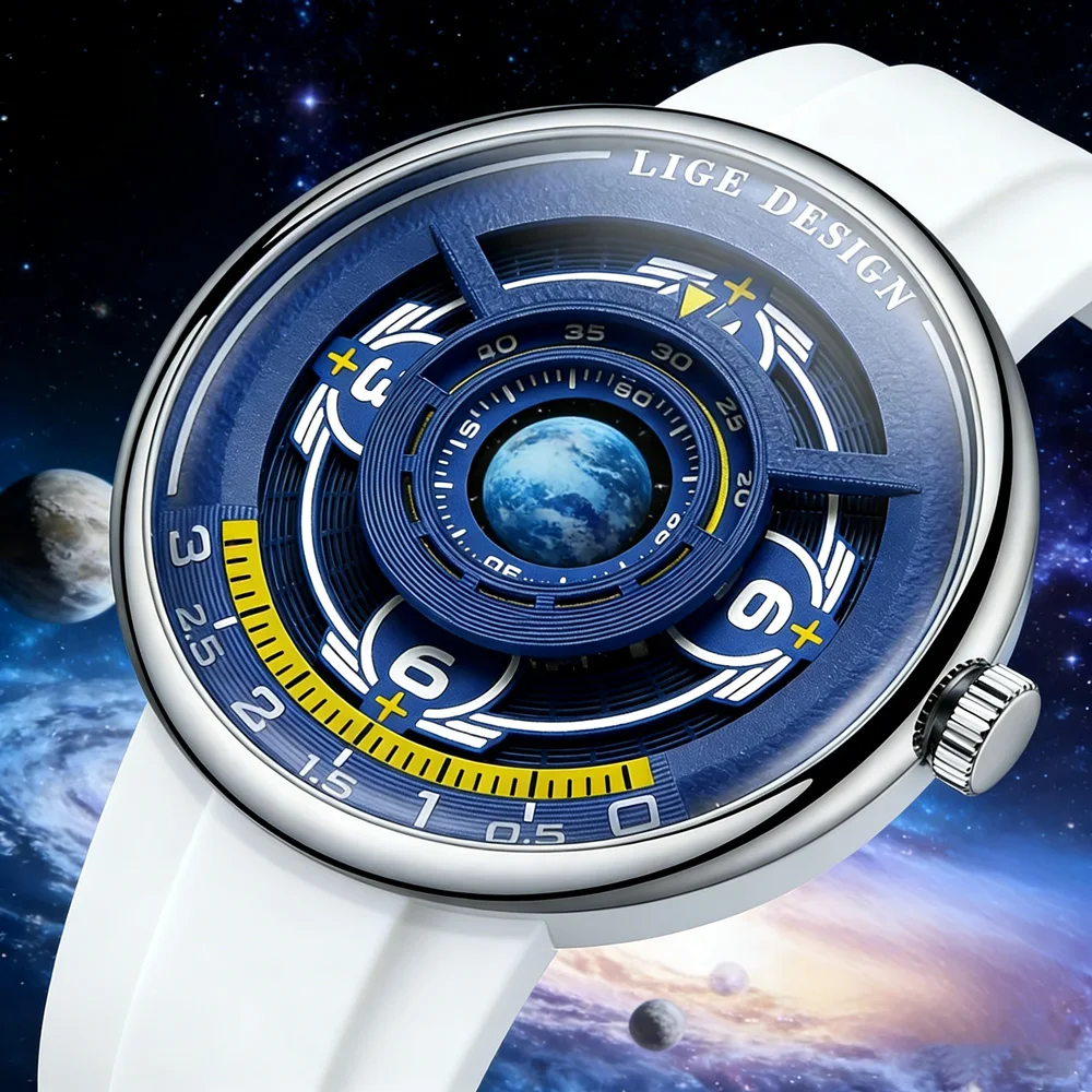 

Мужские часы LIGE Creative Blue Blue Planet, светящиеся водонепроницаемые спортивные часы с силиконовым ремешком, кварцевые наручные часы с ночным светом, мужские часы