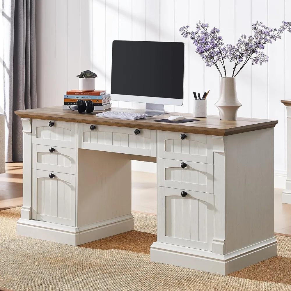 

60" Executive Desk with Drawers, Farmhouse Home Office Desk with Charging Station, Keyboard Tray, File Cabinet Storage, Wood Co