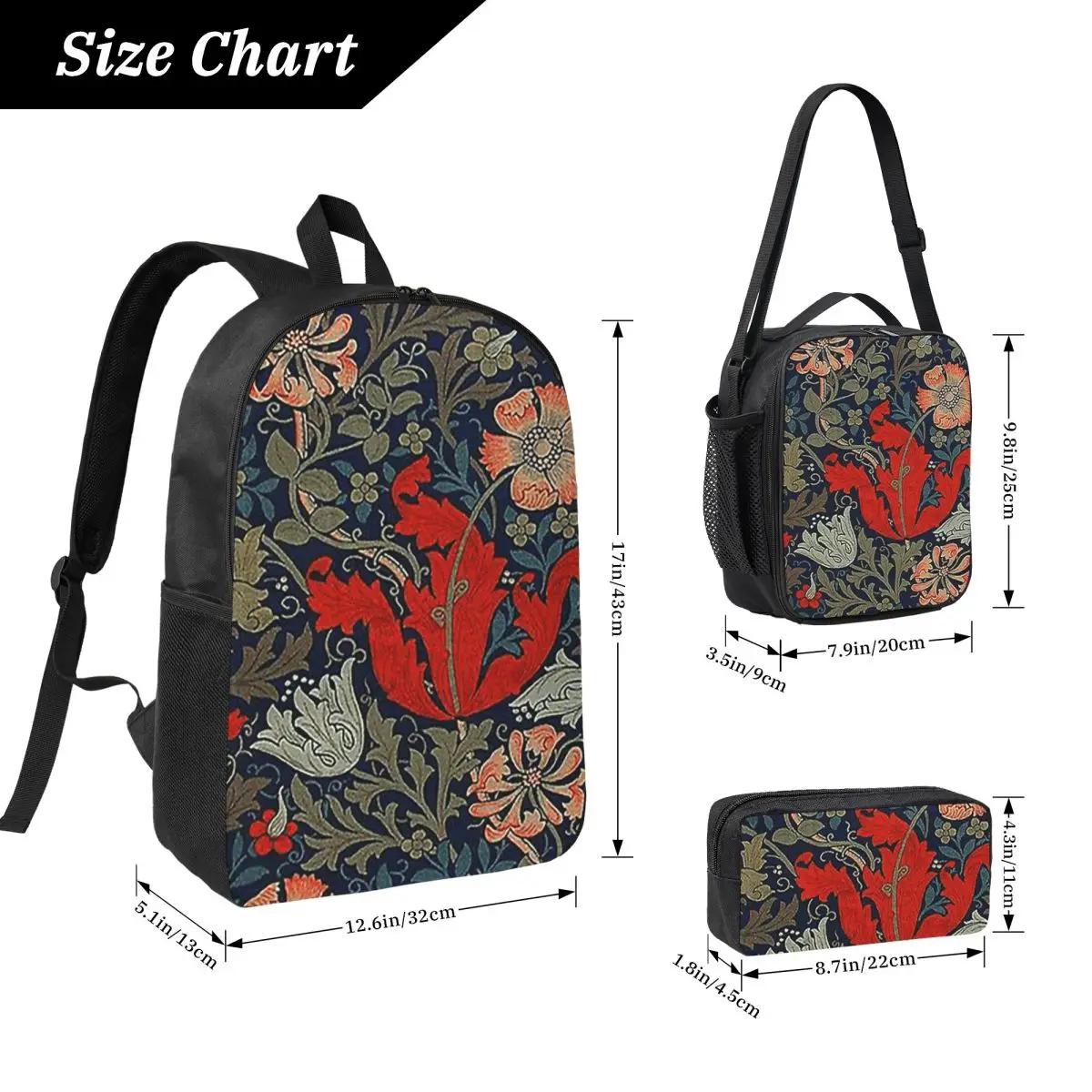William Morris Compton Backpack Student BookBag School Bag Laptop Shoulder Bags 3ps Insulated Lunch Bag Pencil Case