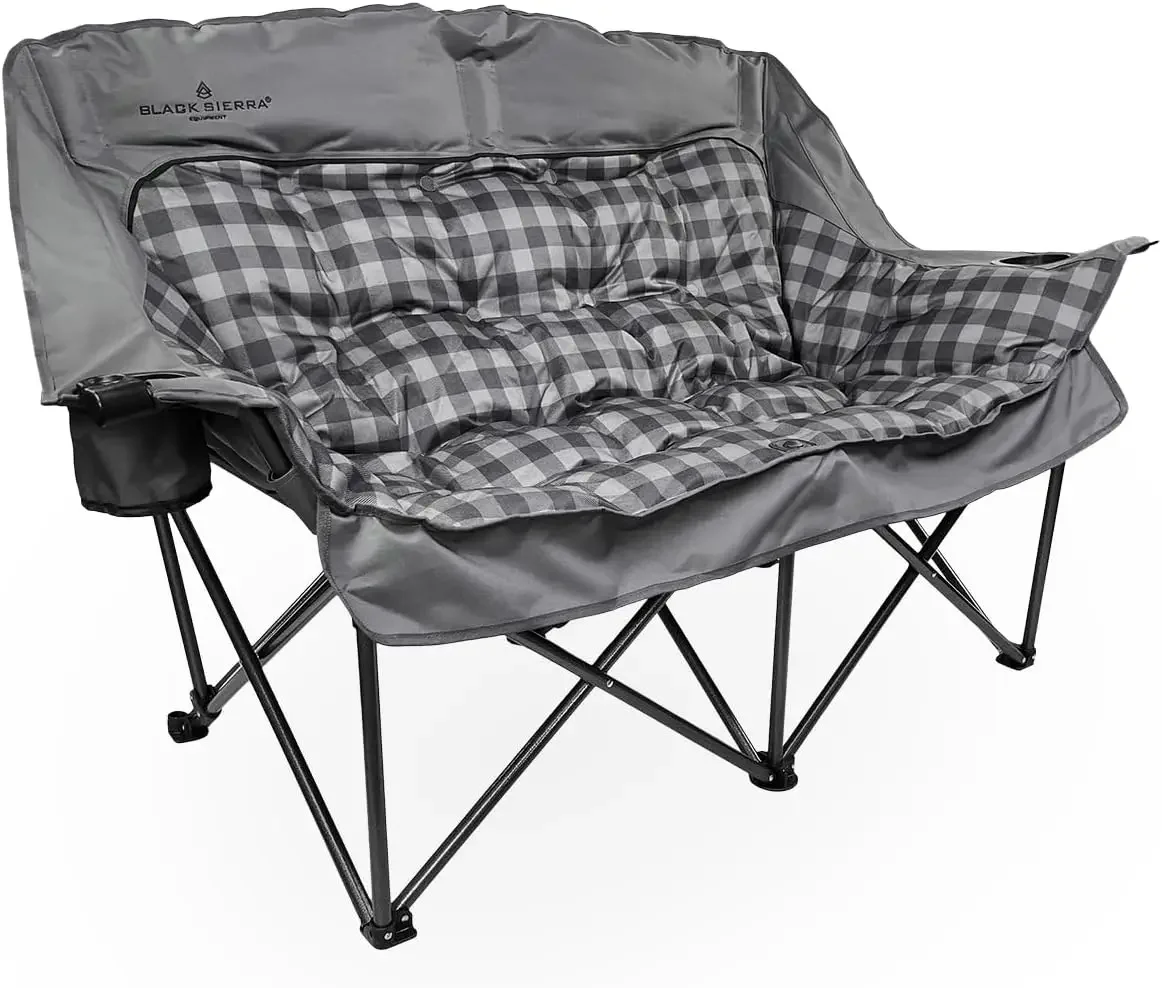 Black Sierra Oversized Plush Padded Camping Sofa, Portable Outdoor Loveseat Supports 500 Lbs, XL Foldup Couch w/Dual Cupholders