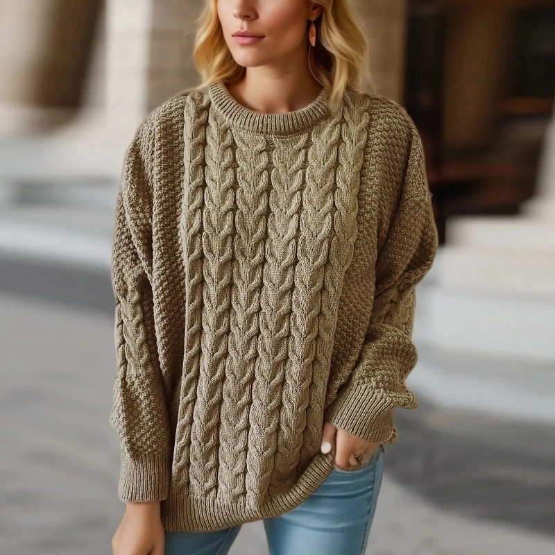 Vintage Solid Round Neck Long Sleeve Knitting Thick Needle Fried Dough Twists Pullover Loose Sweater