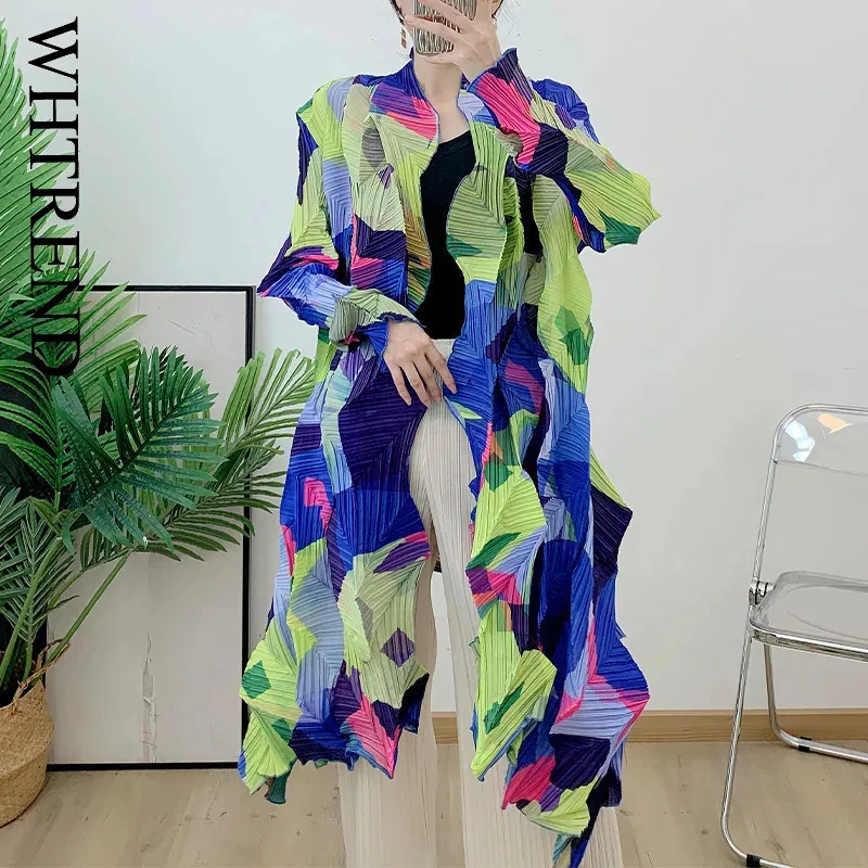 

WHTREND плиссированный плащ с принтом для женщин, кардиган с рюшами, осенняя новая верхняя одежда с длинными рукавами, куртка WH1163