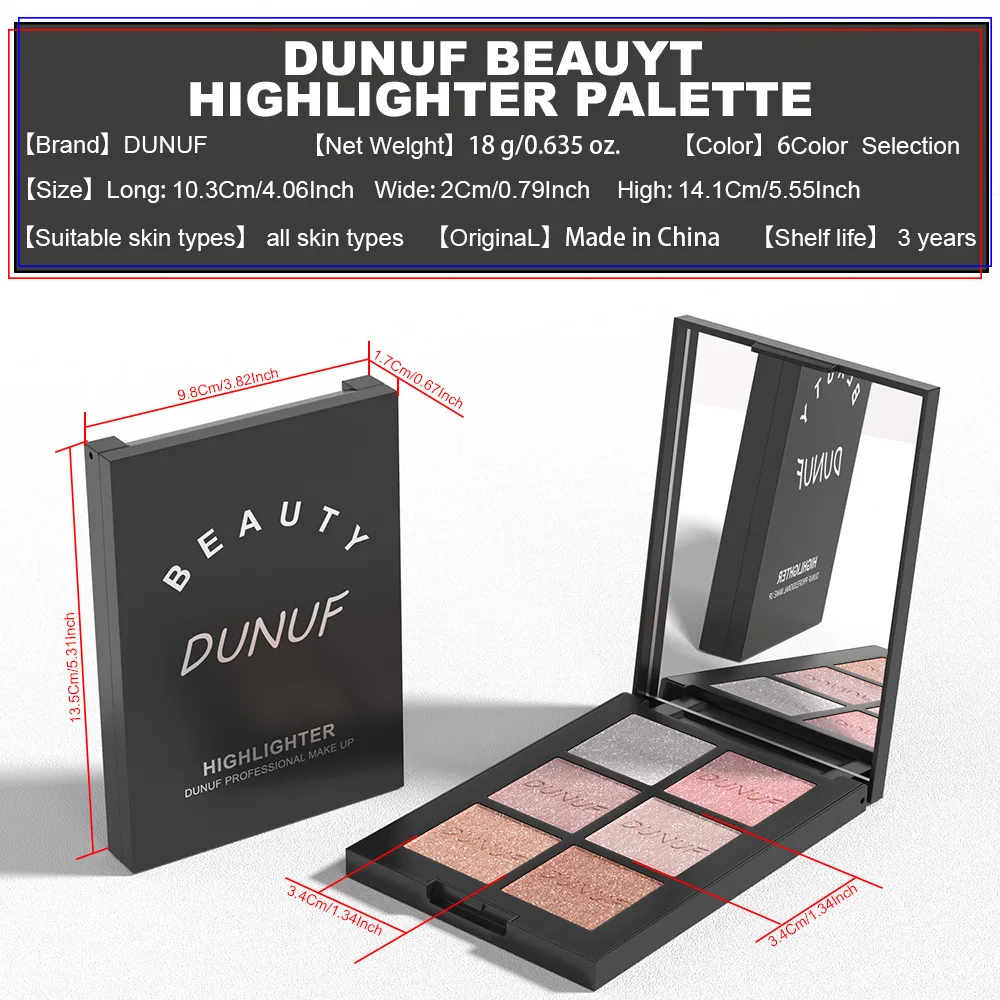 Paleta rozświetlaczy z 6 kolorami perłowych, rozświetlających cieni do twarzy i ciała, zestaw do makijażu z efektem połysku, do nosków, kości policzkowych, do codziennego użytku z lusterkiem.