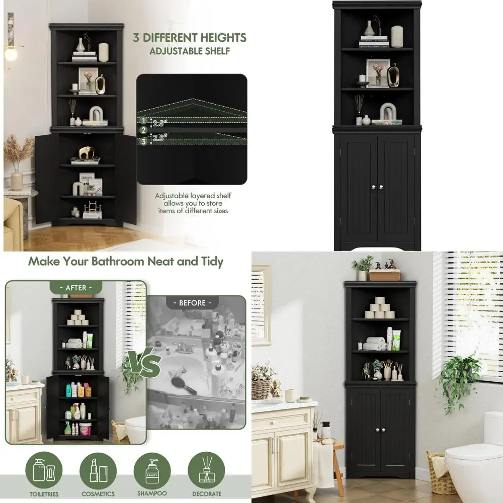 

Double Door and 3-Tier Storage Cabinet for Bathroom, Living Room, or Kitchen in Black