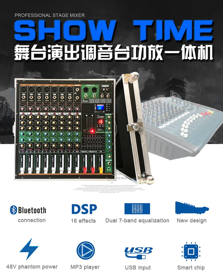 GAX-MK280 Professionele 8 mengpaneel 2 * 500 W koffer Power Mixer Udio Mixer voor Live DJ Club Streaming Studio Mic