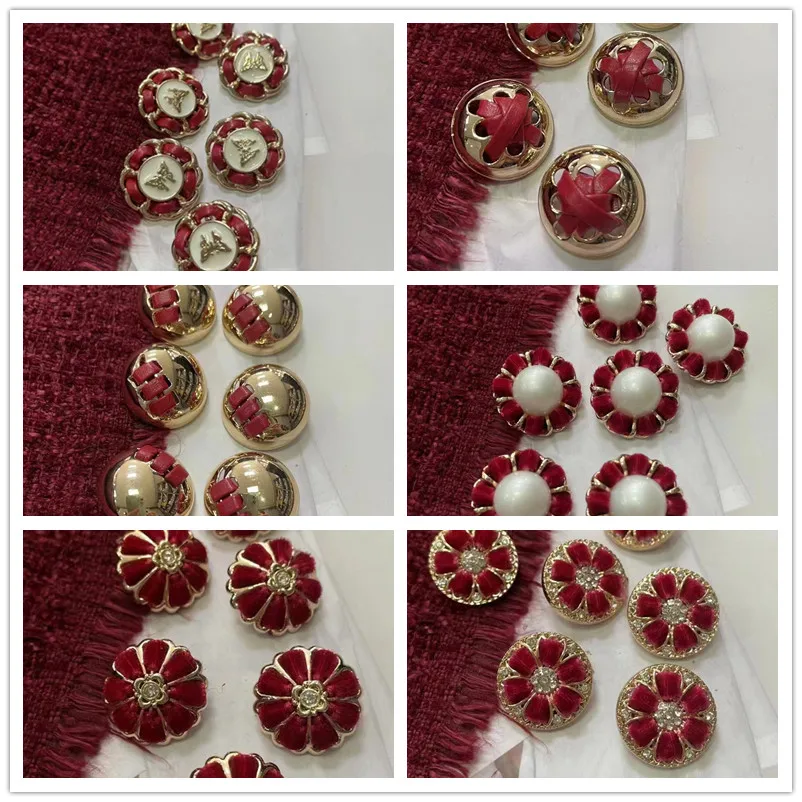 6PCS/Lot Luxcy Red Rope Button DIY Desinger Metal Pearl Flower Round Clothing Sweater Button High-grade Plush Buckle Fittings