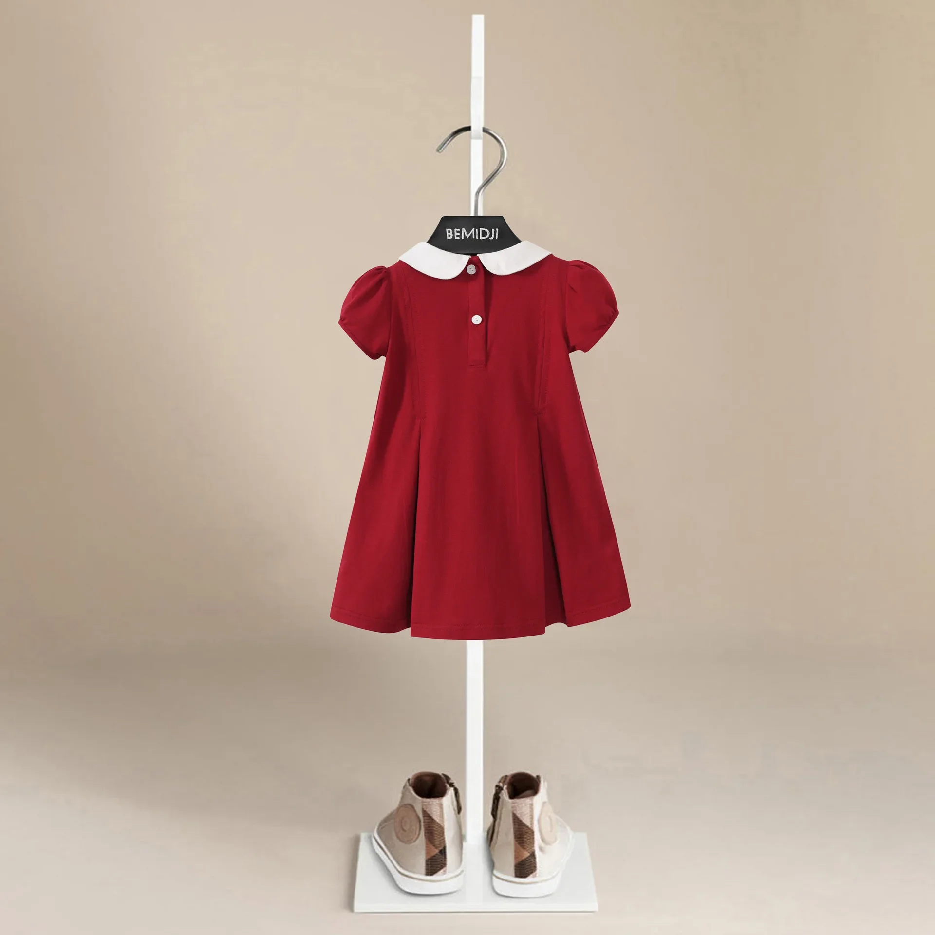 Kid Girl Dresses Red Button Design Short Sleeve Doll Collar  Kids Dress Round Breathable Slim Fit A-Line Dress Girls Clothes