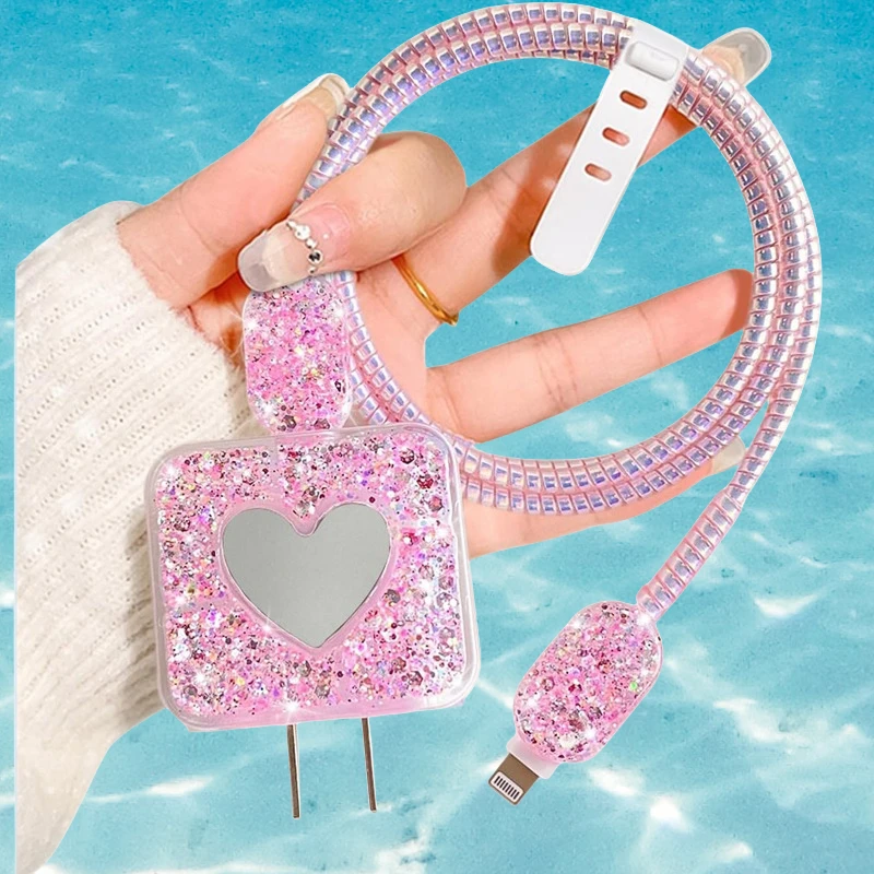 Charger Cable Protector Mirror Glitter Love Heart Design For IPhone 15 14 13 18W 20W Charger Data Line Spiral Winder Protective