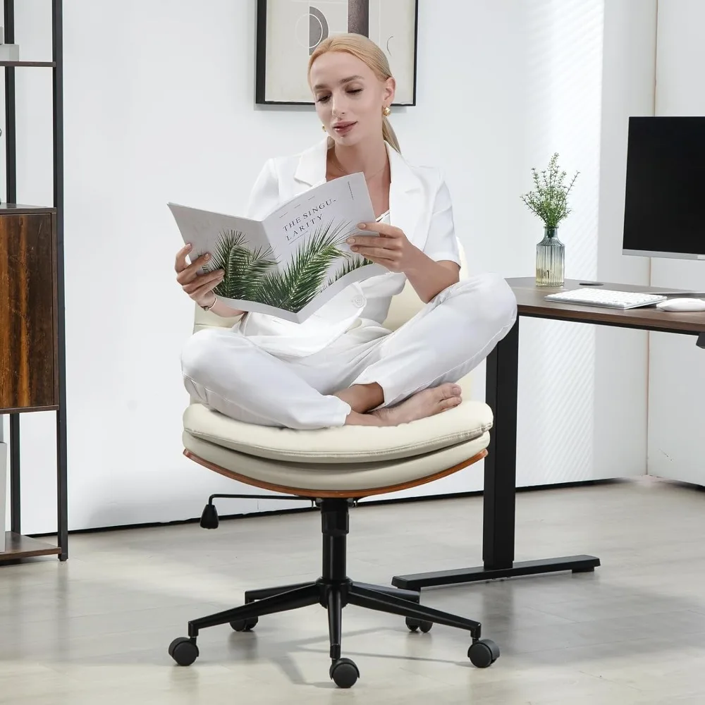 كرسي مكتب حديث من خشب الجوز بدون ذراع مع عجلات، كرسي مهام تنفيذي دوار واسع قابل للتعديل من جلد البولي يوريثان، ساق متقاطعة مريحة #3