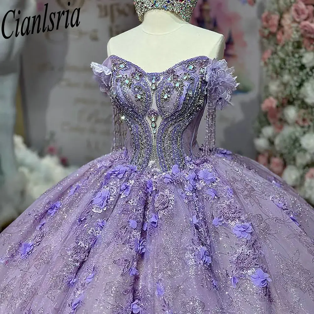 Lilac Beading Tassel Quinceanera Dress Ball Gown 3D Flowers Appliques Lace Corset Sweet 16 Vestidos De XV 15 Anos