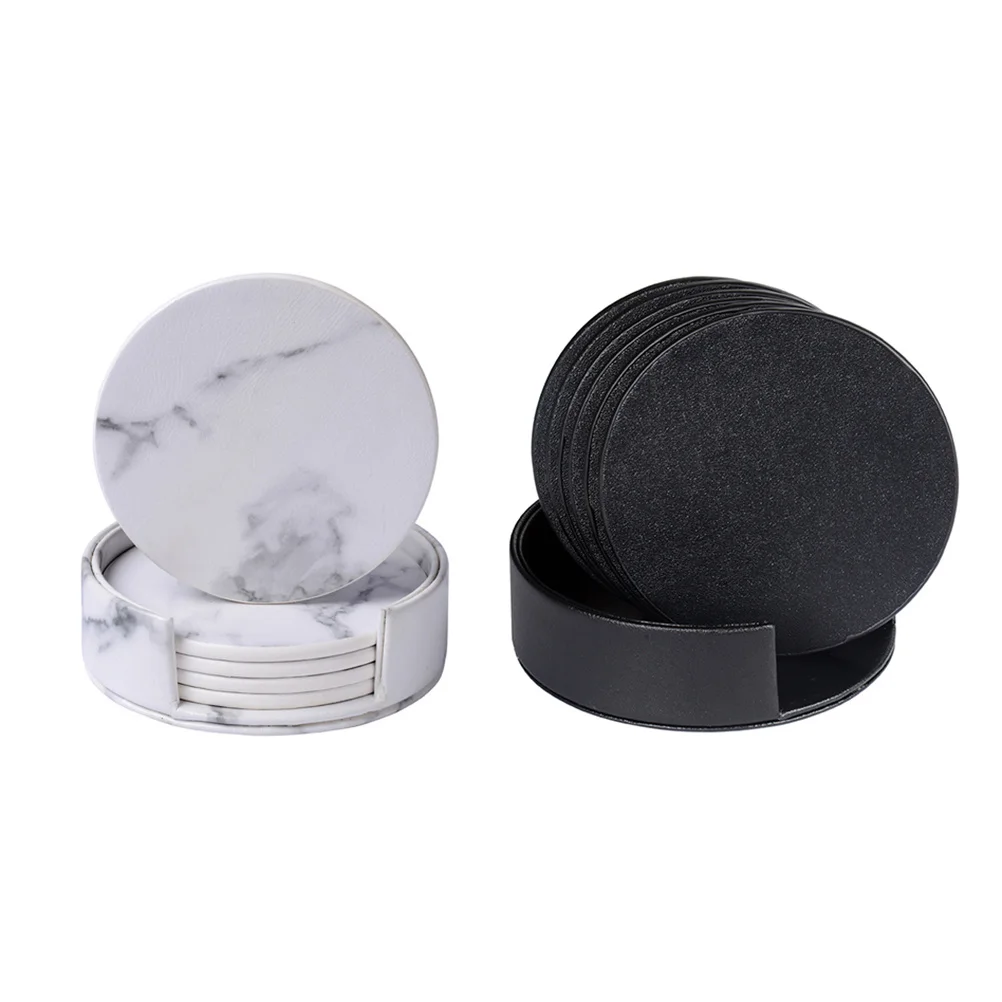 

7 pcs Marble Coaster Set Round Pu Drink Mat Heat Insulation Cup Protector For Home Kitchen Car Stand Holder