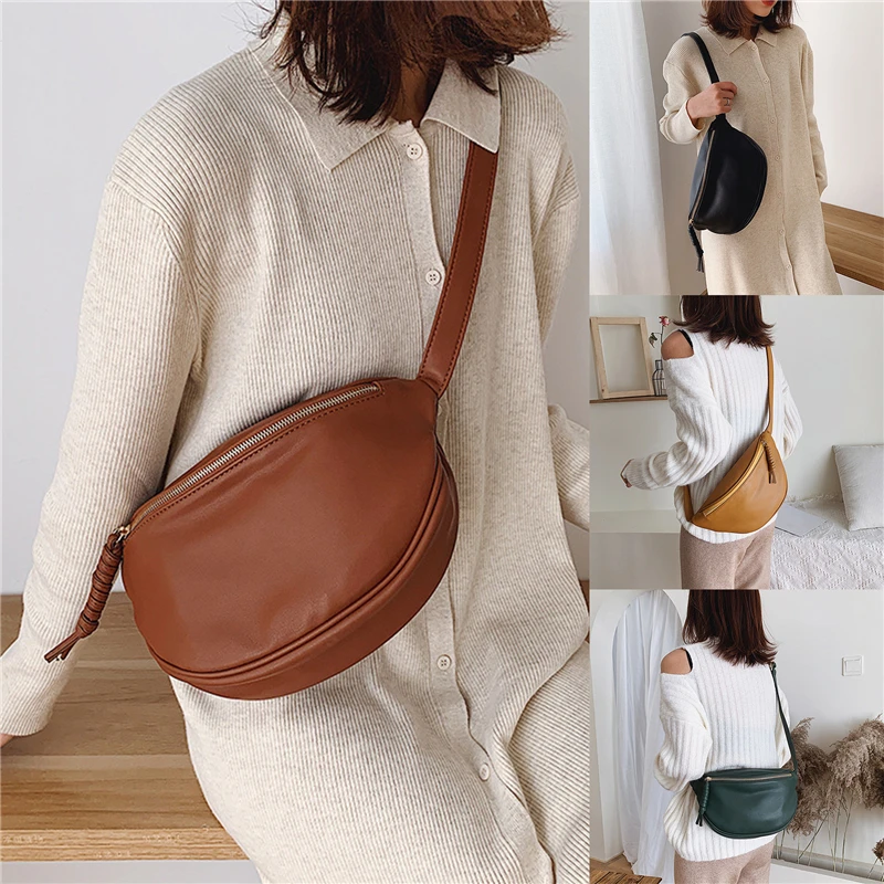 Women Fashion Chest Bags Large Capacity Crossbody Banana Bags Ladies Quality PU Leather Waist Bags With Belt For Female