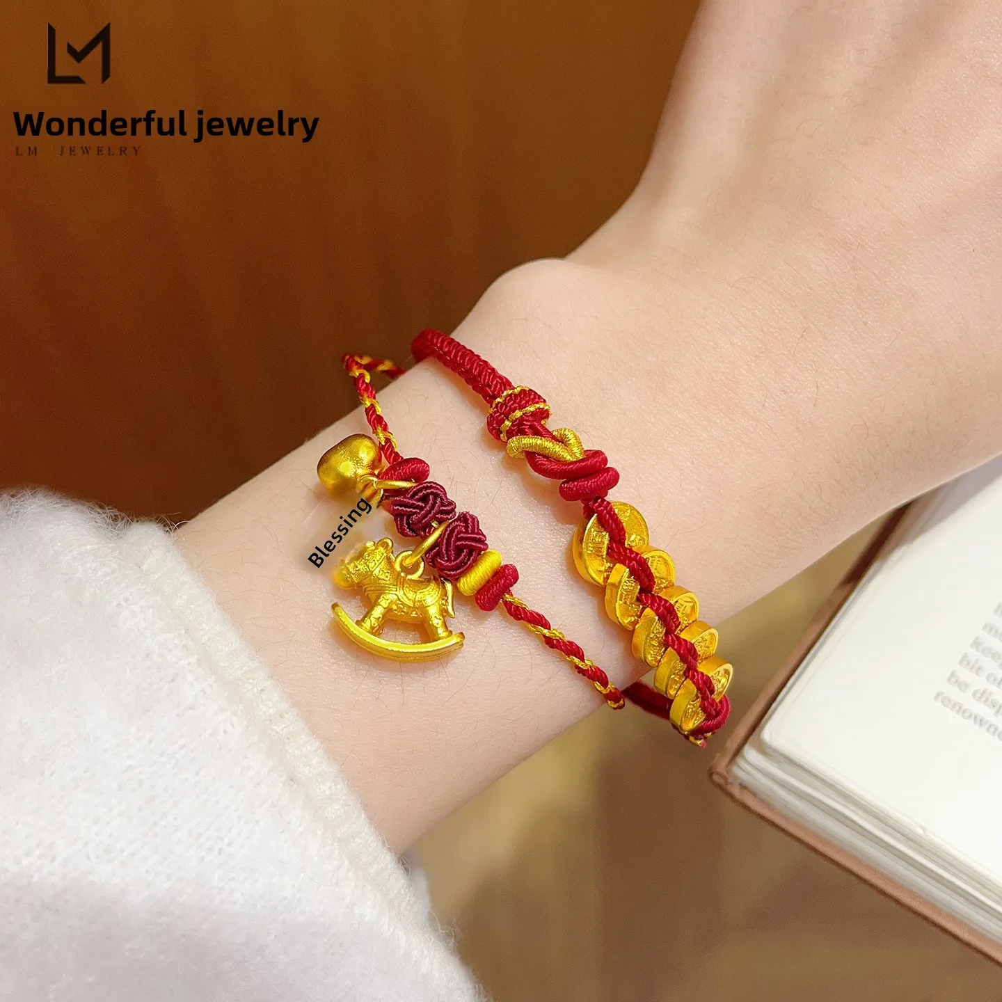 24k Gold Plated Chinese Style Double Layer Red Rope Bracelet Lucky Persimmon Rocking Horse Fu Charm Blessing Wealth Good Luck
