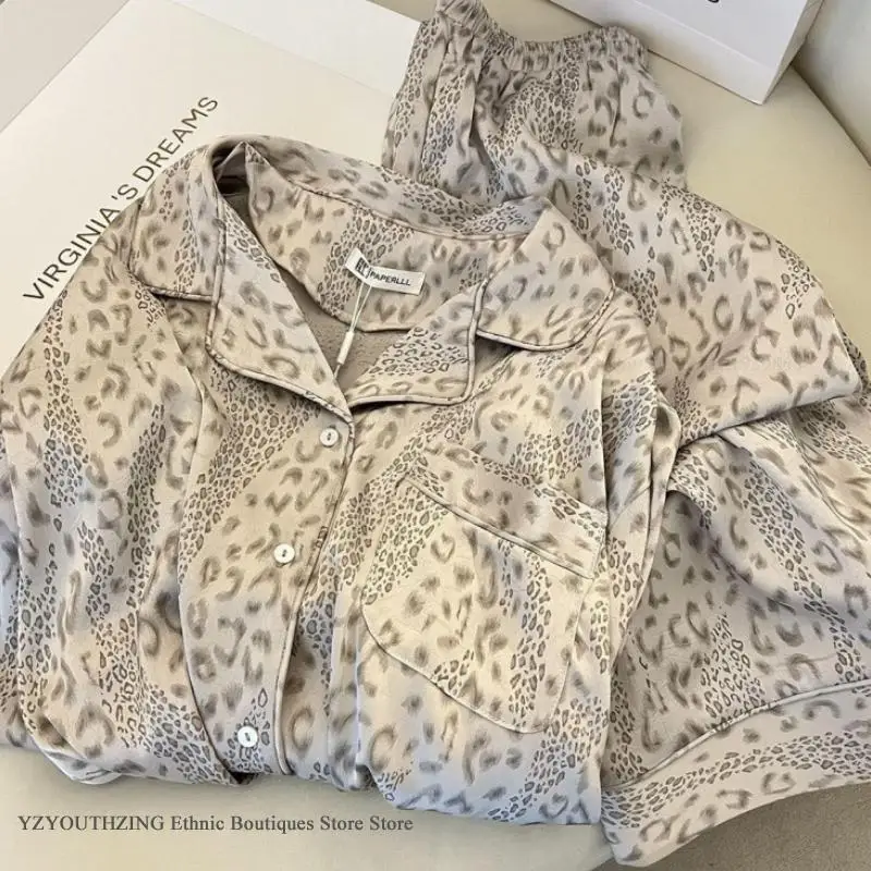 

Роскошный комплект женской пижамы с леопардовым принтом, домашняя одежда, новинка весны, из ледяного шелка, с длинным рукавом, брючный костюм, свободный повседневный домашний костюм