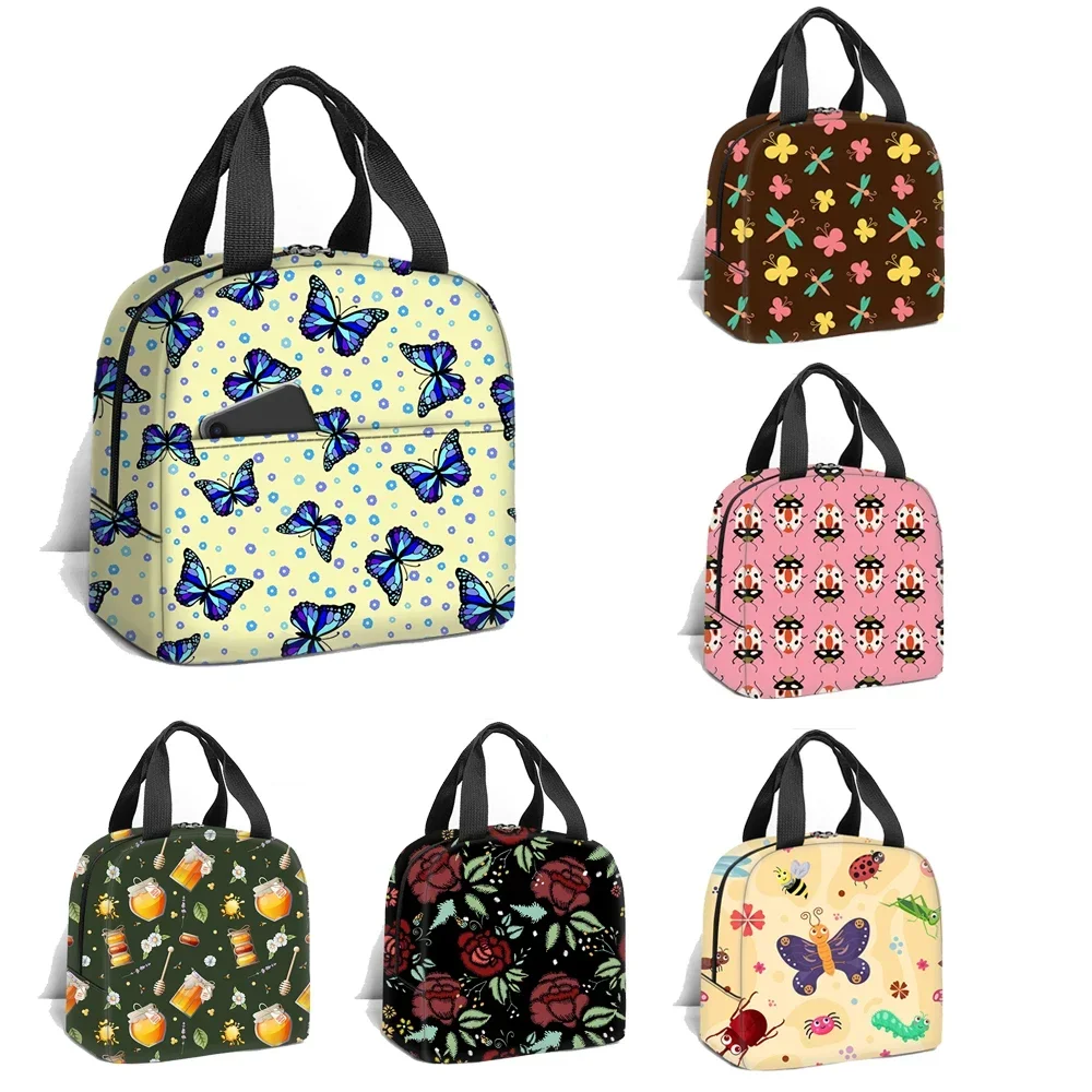 Beautiful Flowers Dragonfly Butterfly Ladybug Lunch Bag Insulated Handbag Container for Schools Travel Outdoors Picnic Lunch Box