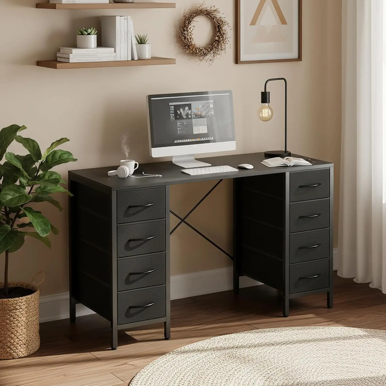 

Computer Gaming Desk with 8 Storage Fabric Drawers, 47 Inch Home Office Bedroom Desk with Sturdy X-Frame, Modern Writing