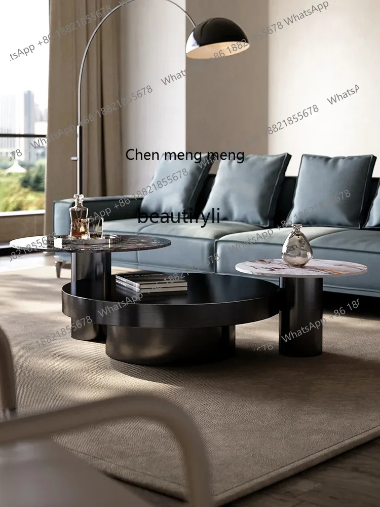 X لوحة حجرية إيطالية حجم طاولة القهوة مزيج ضوء دائري غرفة المعيشة الفاخرة ما بعد الحداثة الحد الأدنى الفولاذ المقاوم للصدأ