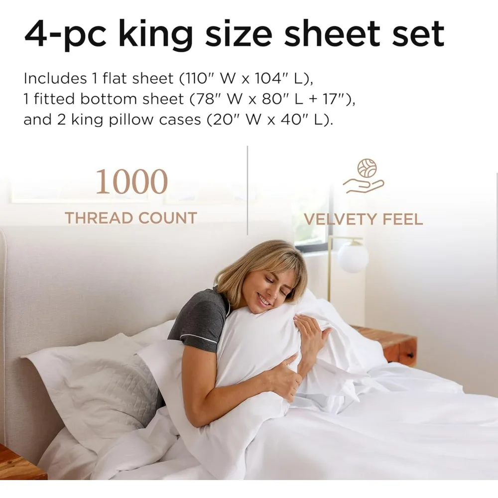 100% American Supima Cotton Sheets King Size - 1000 Thread Count, 4Pc King Size Sheets Set, Smooth Sateen King Sheets