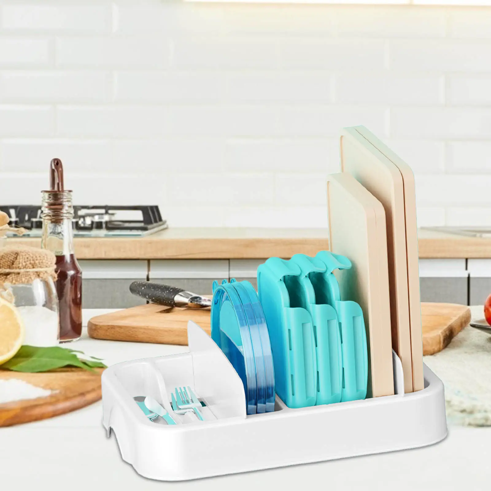 

Multifunctional Kitchen Organizer with Removable Dividers for Cutlery Utensils Lids Flatware Silverware Storage Countertop