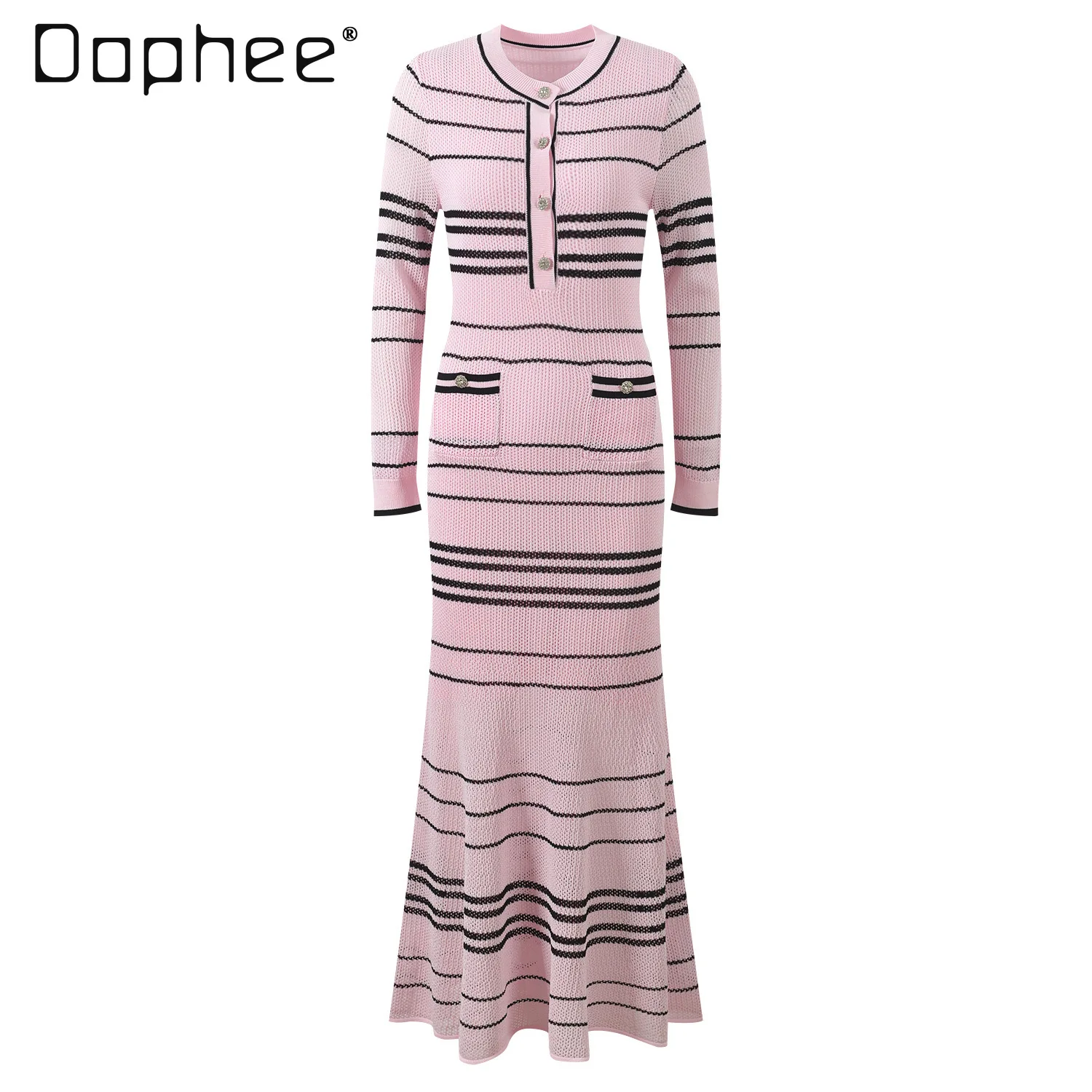 

Spring Summer New Fairy Style Black and Pink Striped Temperament Elegant Slim Crew Neck Long Sleeve Mid-length Dress for Wome