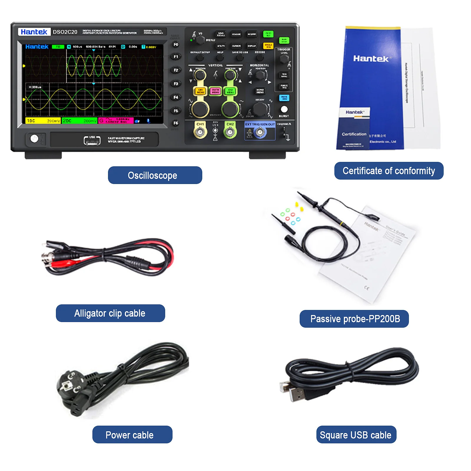 Hantek Lab Digital Oscillator 200/350/500MHZ,2CH/2CH+1CH ,2GSa/s 80K USBPortable DSO2C20/DSO2C35/DS02C50/DS02D20/DS02D35/DS02D50