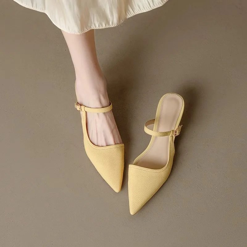 

Женские босоножки на высоком каблуке в французском стиле с узором личи, желтые, с острым носком, для улицы, на каблуке-рюмочке, полуслиперы