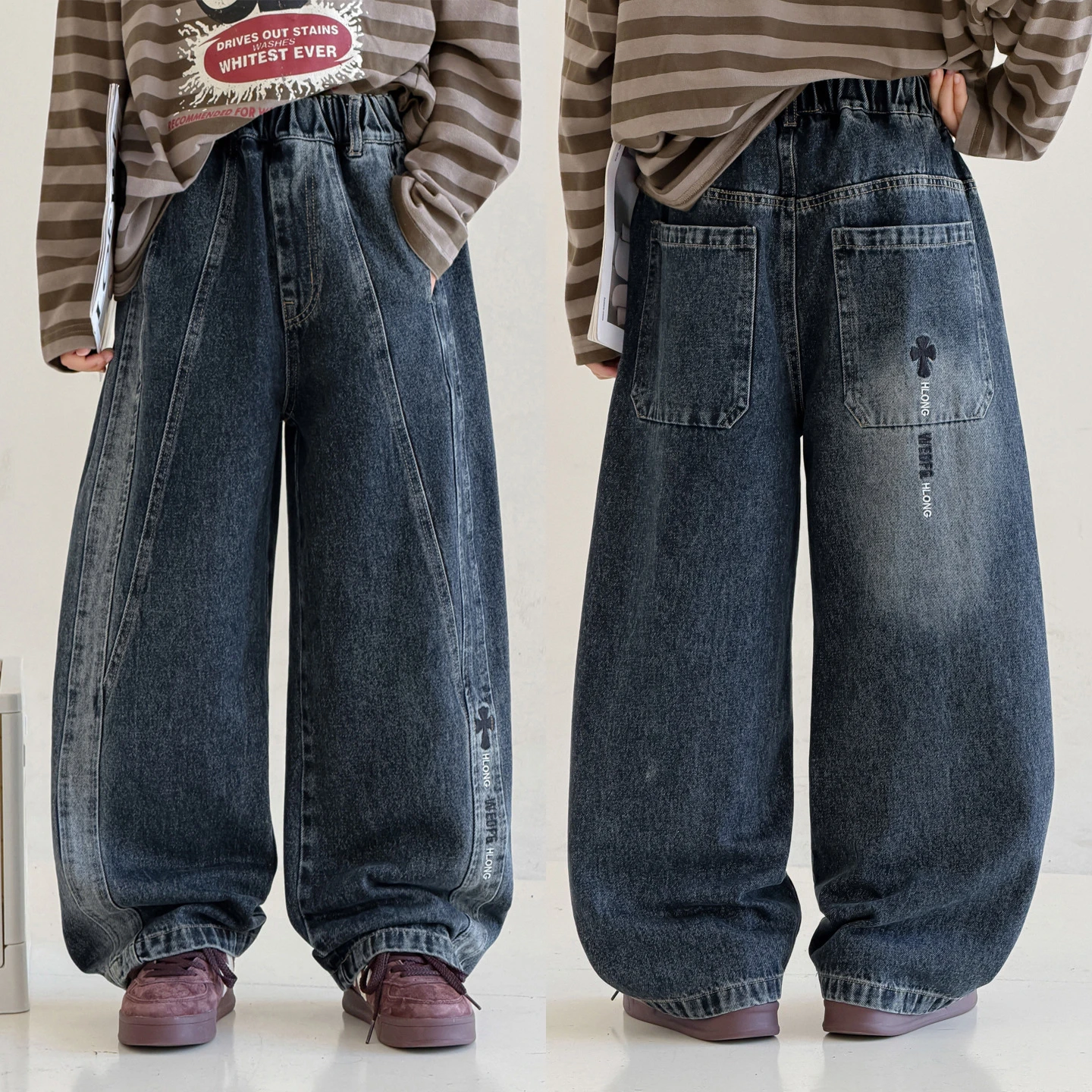 5-14Y Boys Jeans Spring Kids Wide Leg Straight Trousers Autumn Loose-Fit Casual Trousers Children's Trendy Denim Pants