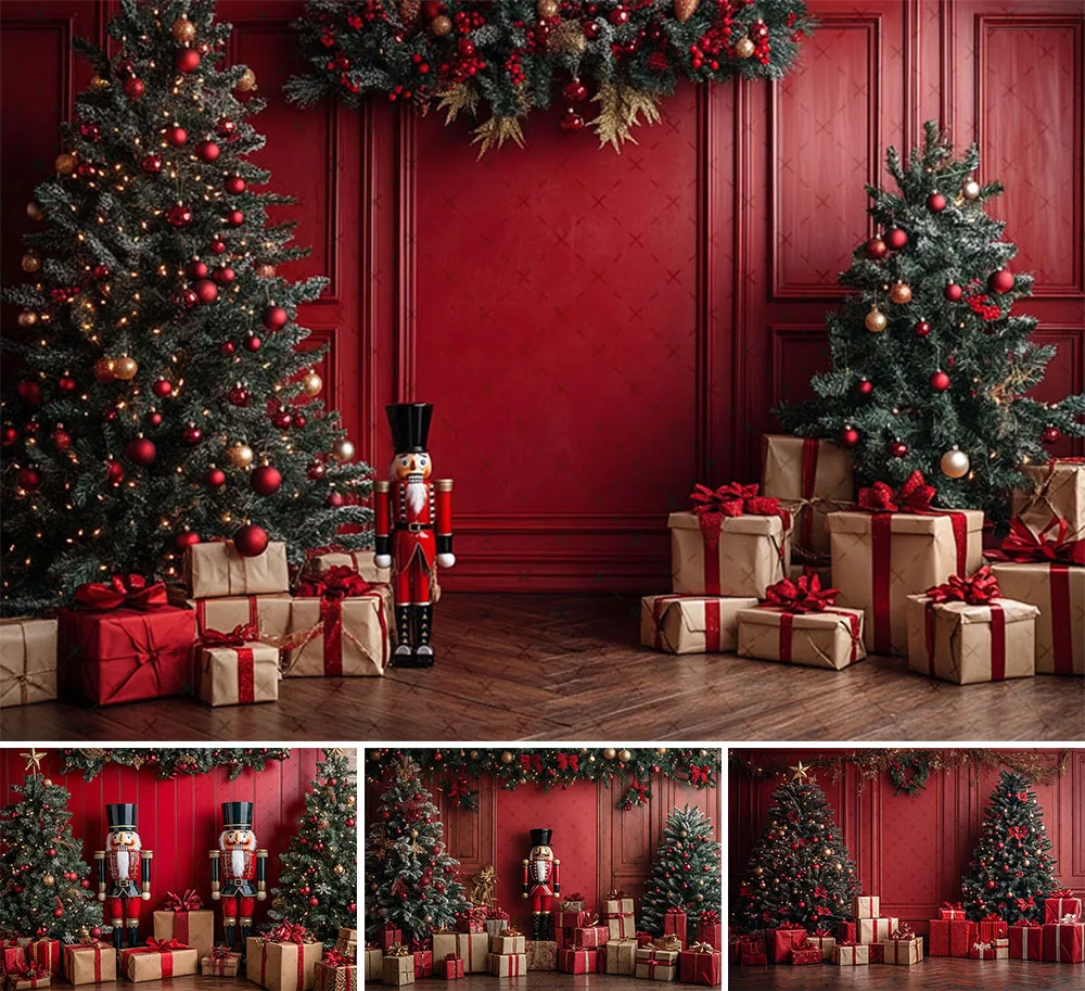 

Mehofond Photography Background Winter Christmas Red Panel Wall Gift Xmas Tree Kids Family Portrait Decor Backdrop Photo Studio